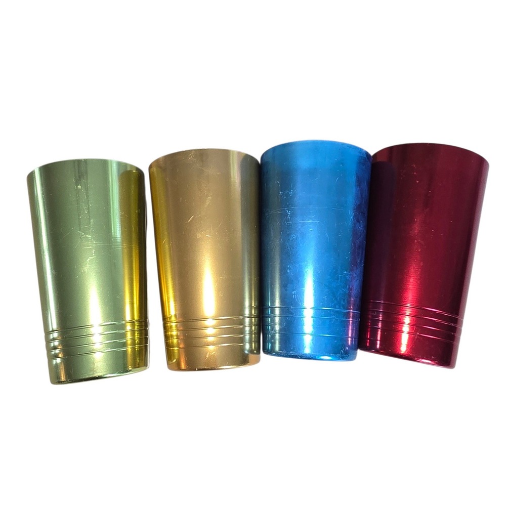 Vintage Anodized Aluminum Tumblers Set of 4 Multicolor MCM Drinking Cups 5in